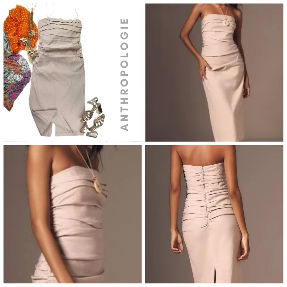 New Anthropologie Beige Layered Ruche Dress Sz L